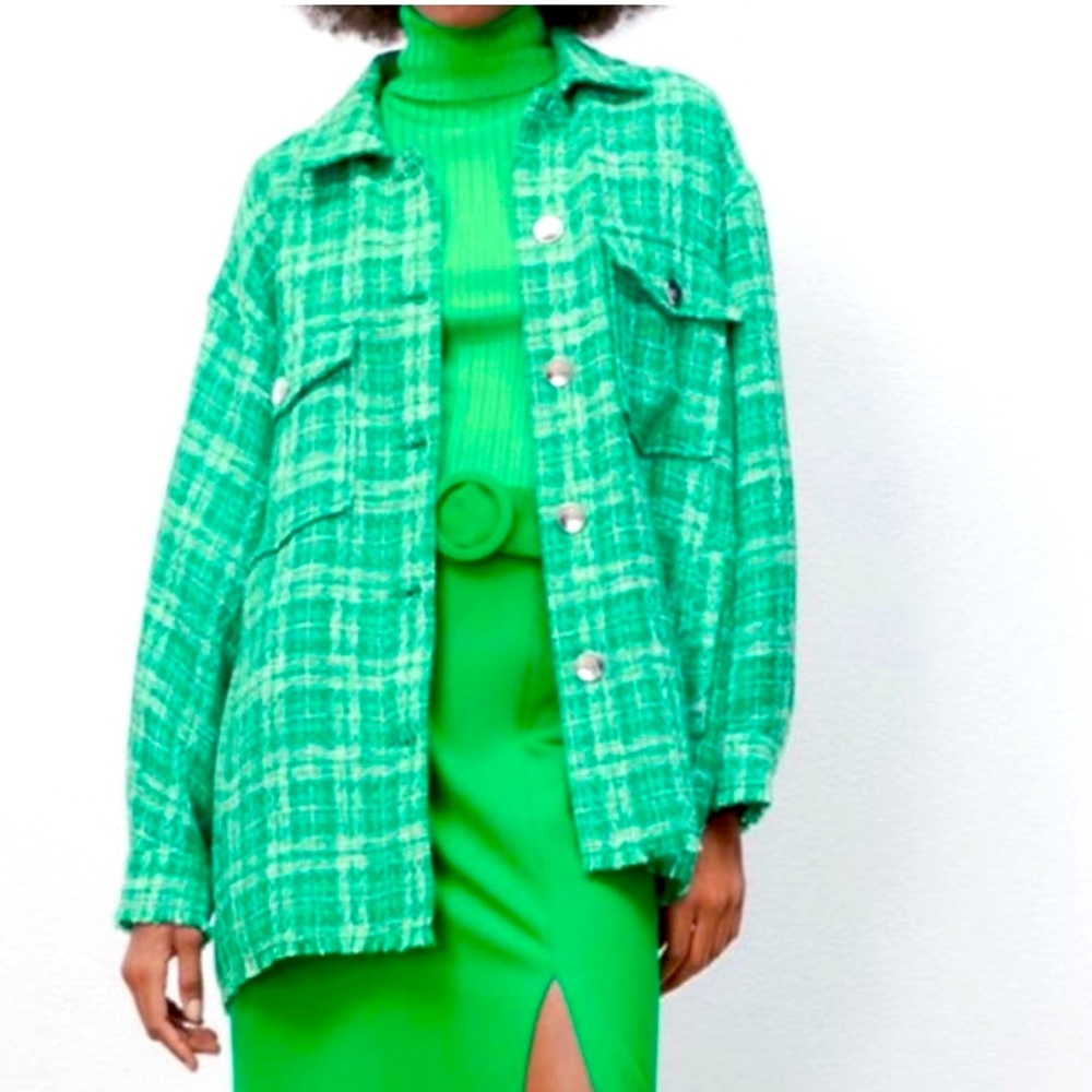 NWOT ZARA Green Plaid Fringed Jacket